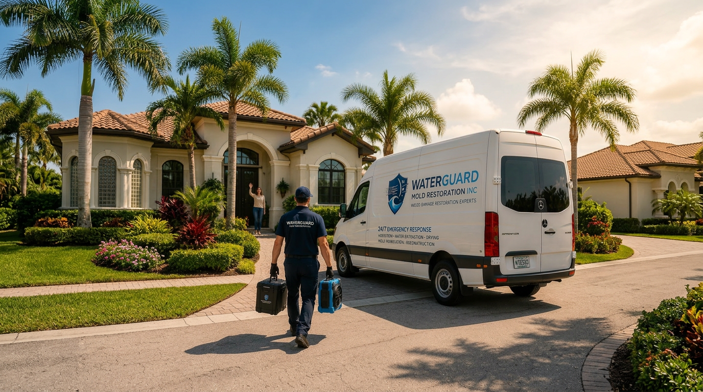 WaterGuard technician and branded van leaving a restored luxury Florida home after a completed water damage restoration project