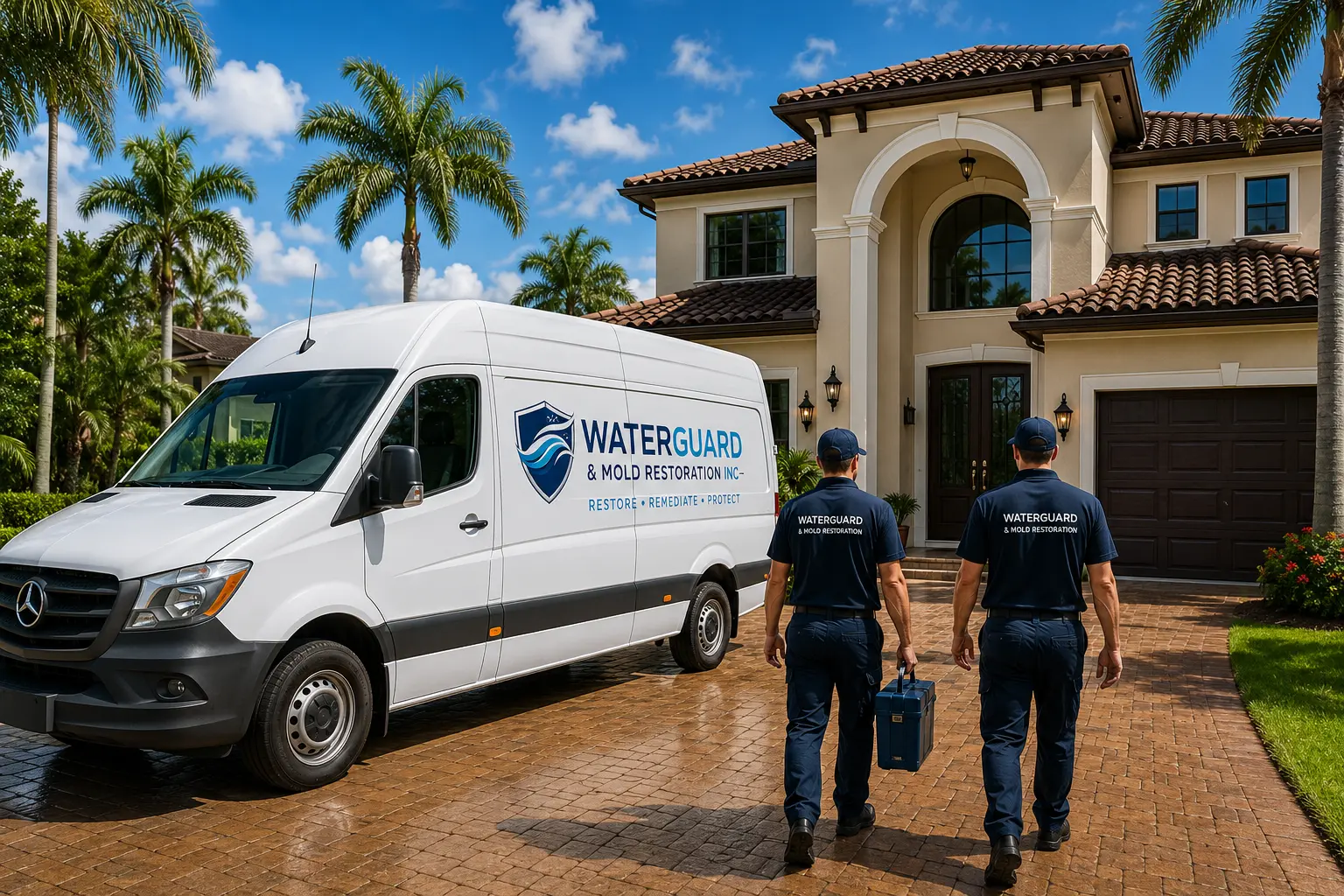 WaterGuard technicians arriving at a South Florida home with the branded Mercedes Sprinter van for emergency flood cleanup