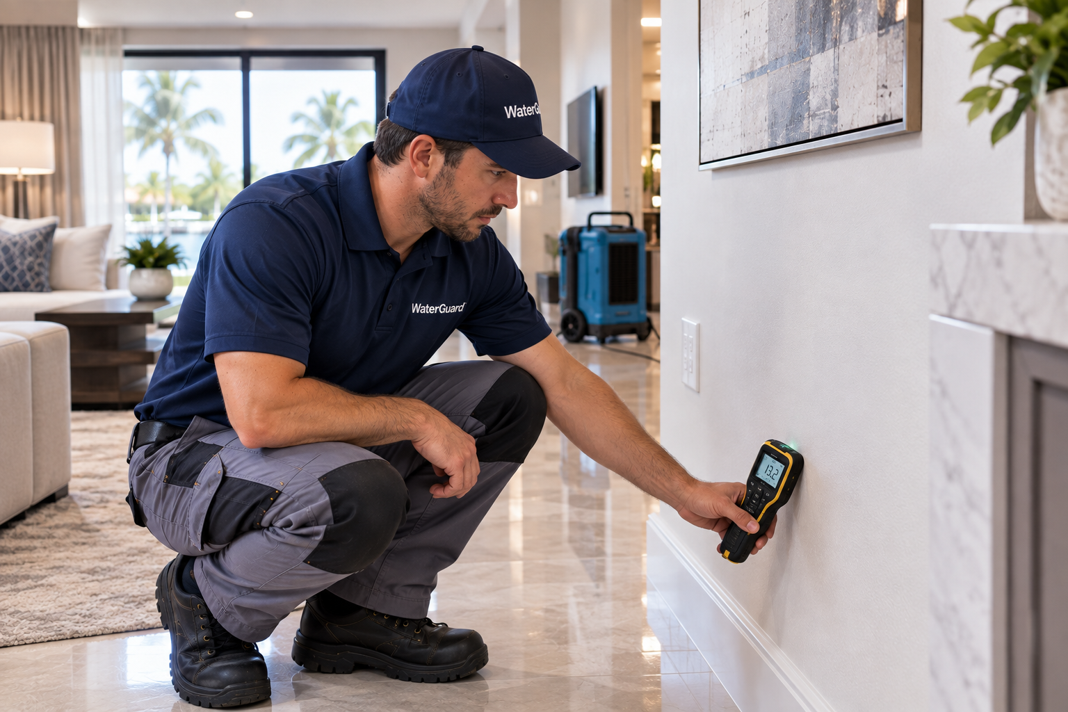 WaterGuard technician taking a direct moisture reading from an affected wall material