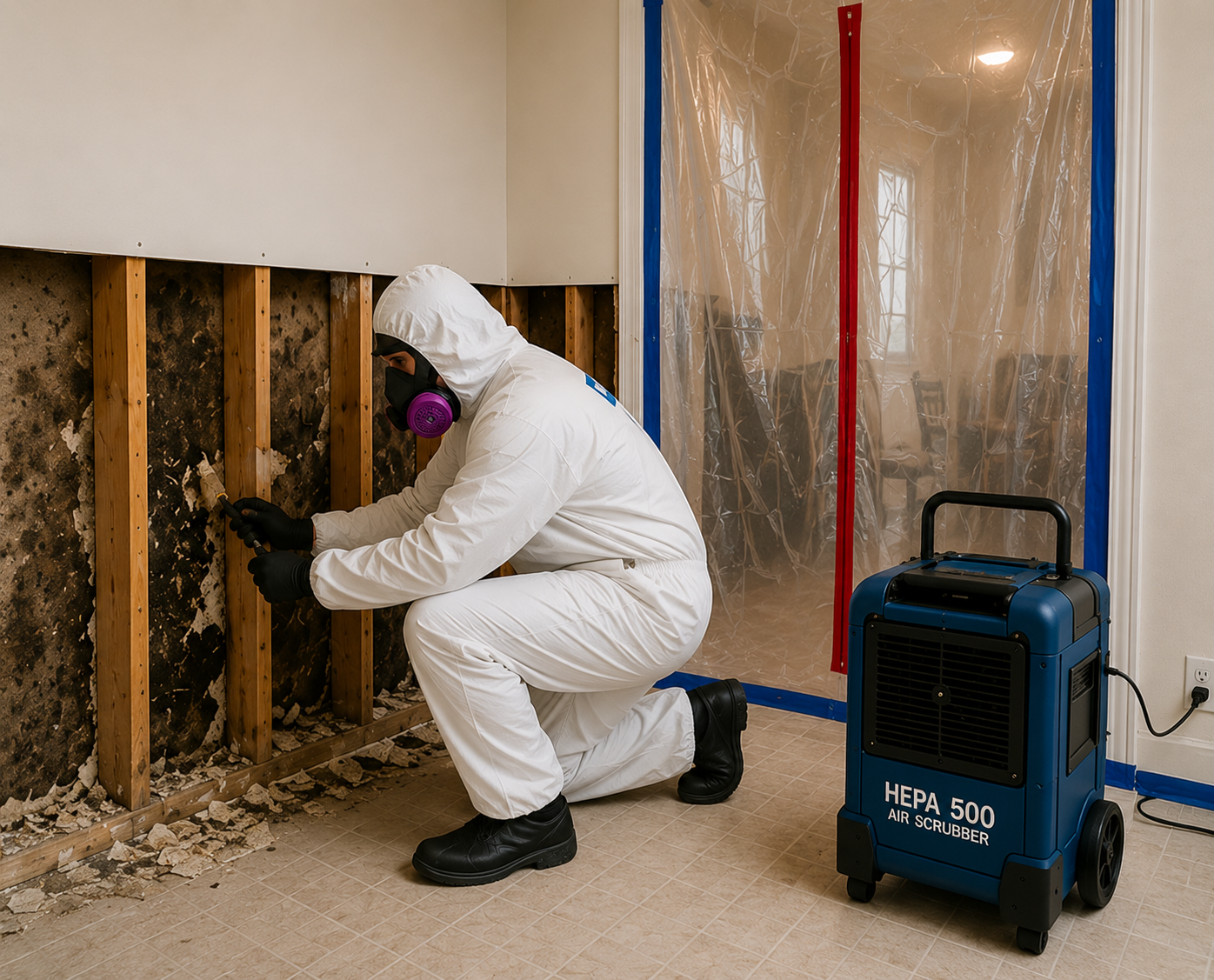 Technician in protective suit and respirator removing mold-affected drywall with a HEPA air scrubber running nearby