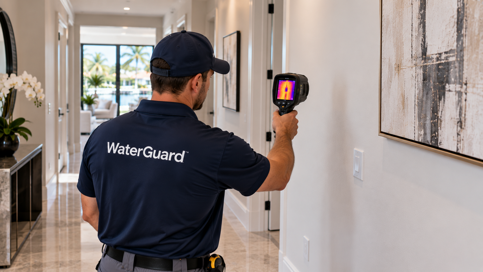 Technician using a thermal imaging camera during a moisture investigation in a South Florida property