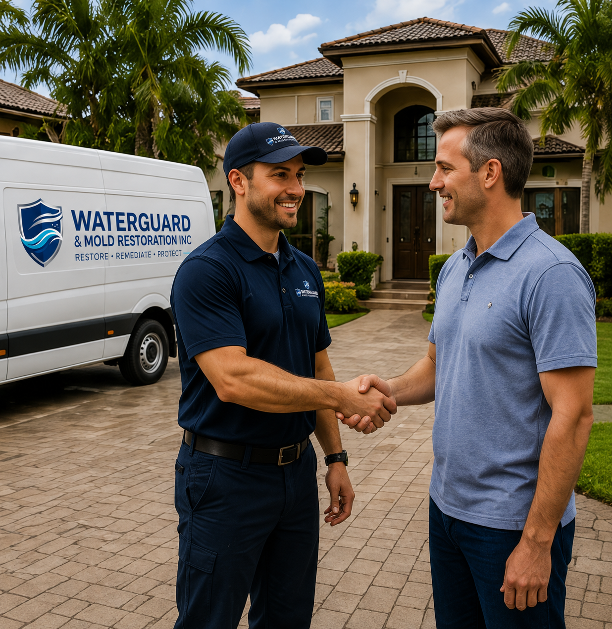 WaterGuard technician shaking hands with a homeowner in front of a restored South Florida home after flood cleanup