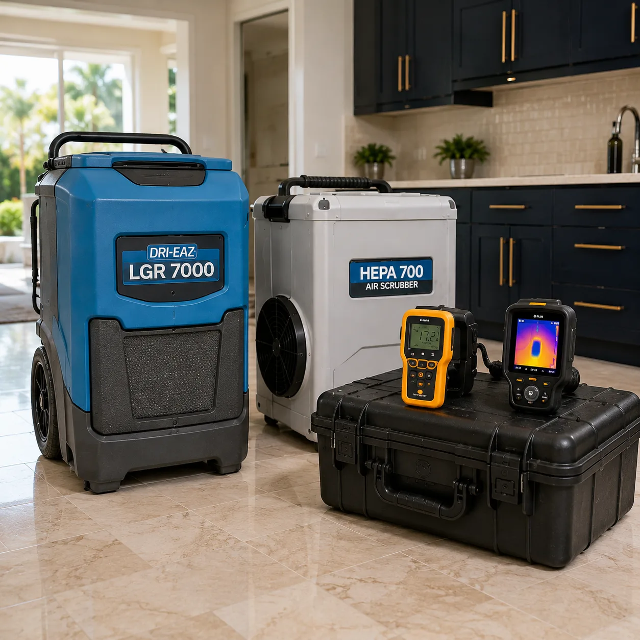 WaterGuard flood cleanup equipment: water extractor, LGR dehumidifiers, air movers, moisture meter and thermal imaging camera