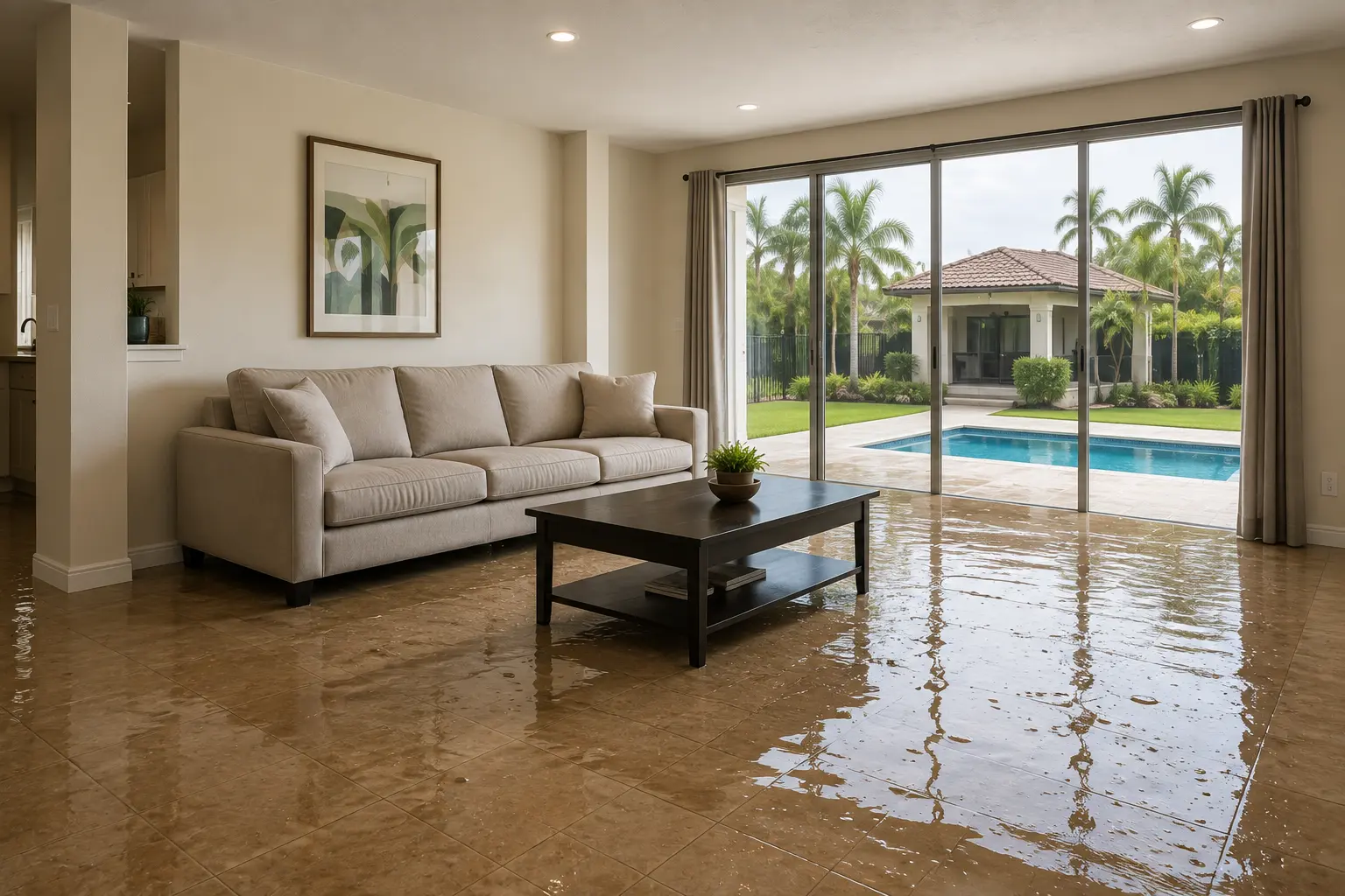 Standing flood water across the tile floor of a South Florida living room with pool visible outside
