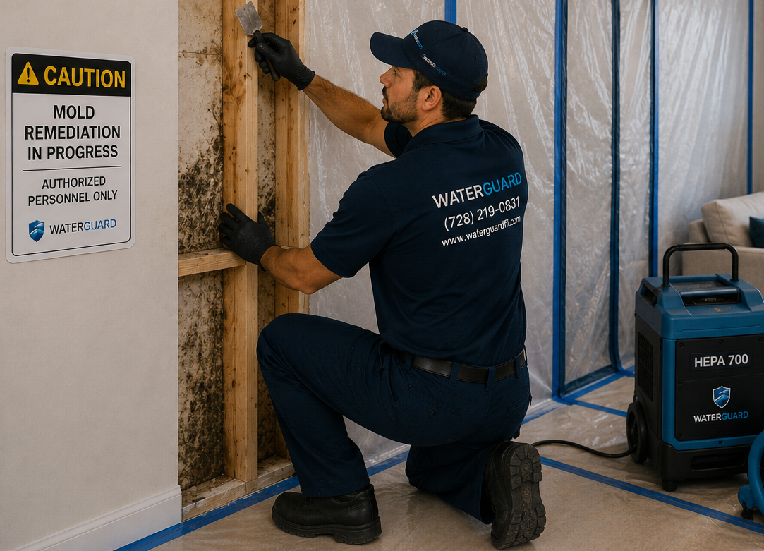 Detailed cleaning and drying of remaining structural surfaces after mold-affected materials have been removed