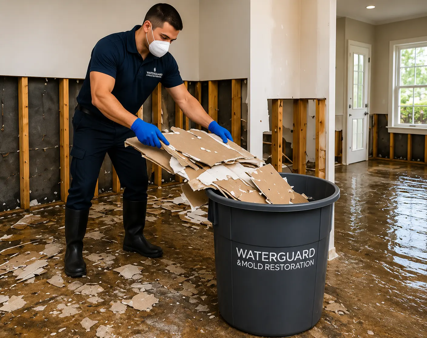 WaterGuard technician removing water-damaged drywall during flood cleanup