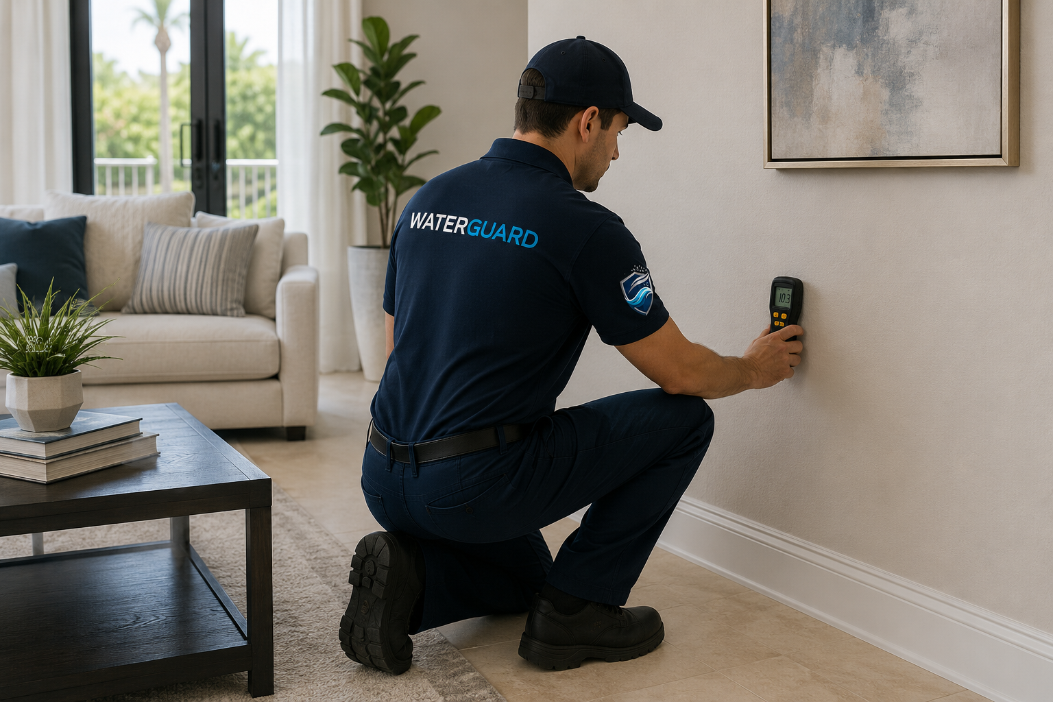 WaterGuard technician measuring moisture on a wall with a professional moisture meter in a Boca Raton living room