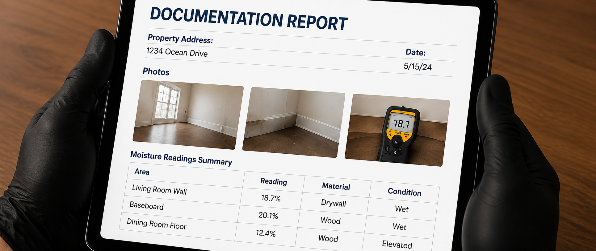 Documentation report on a tablet showing moisture readings and inspection photos for a water damage insurance claim