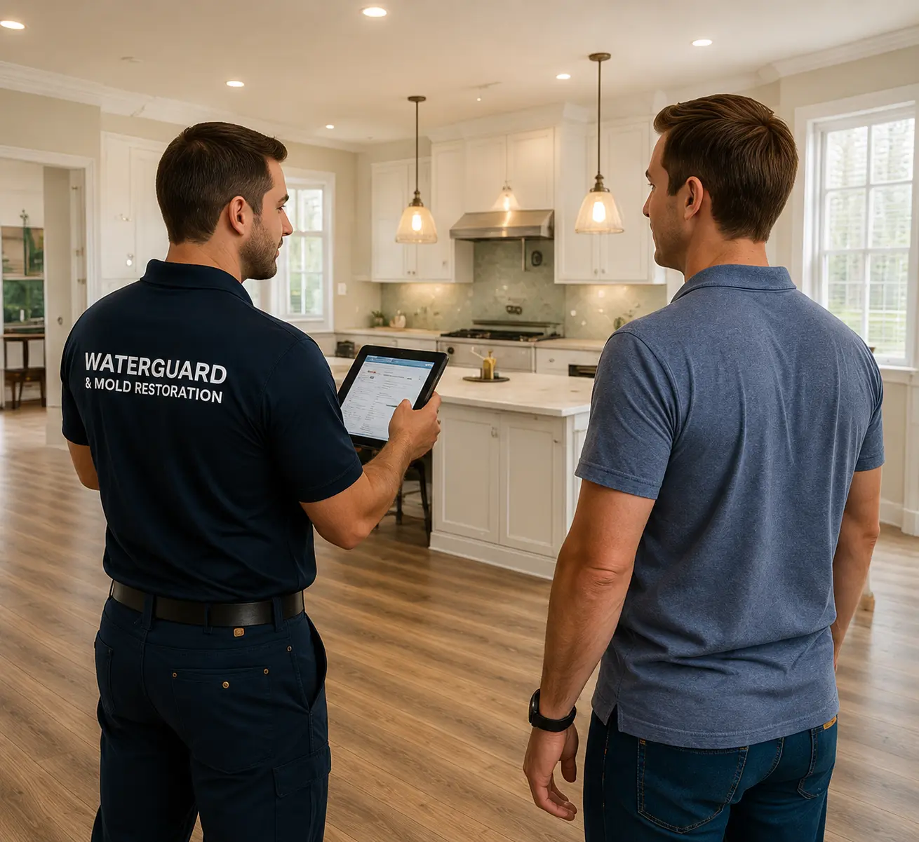 WaterGuard technician reviewing a restored South Florida home interior with the homeowner after flood cleanup