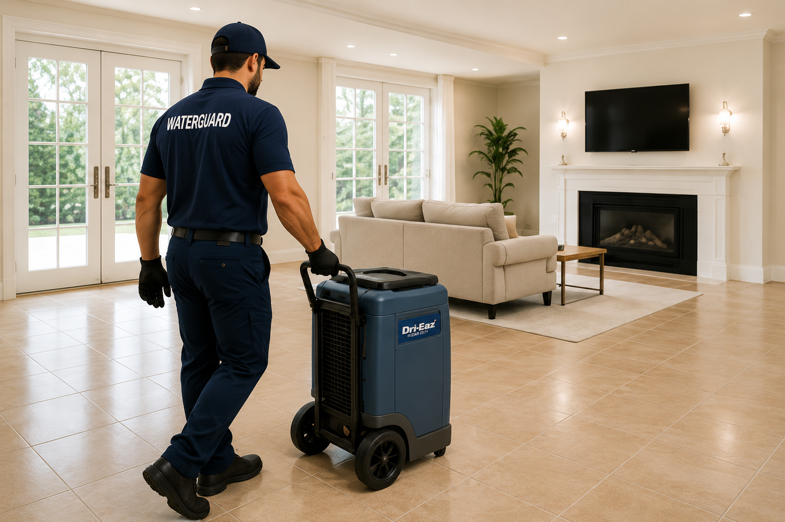 WaterGuard technician moving an LGR dehumidifier into position in a luxury living room for structural drying