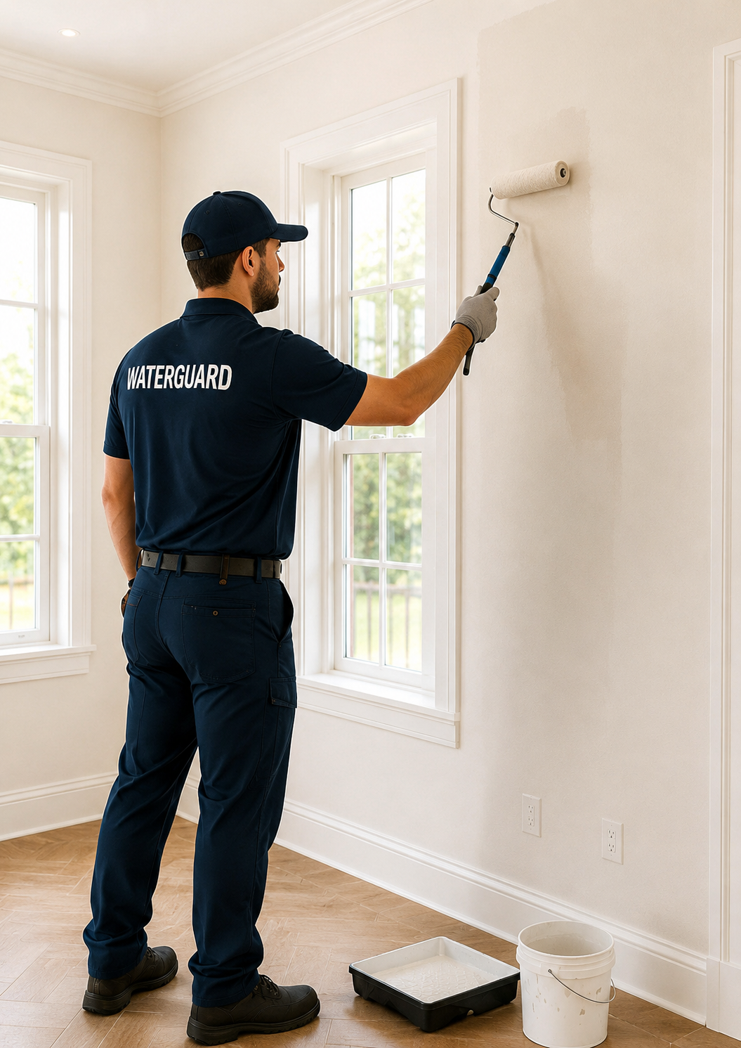WaterGuard technician painting a freshly repaired wall during the reconstruction phase after water damage