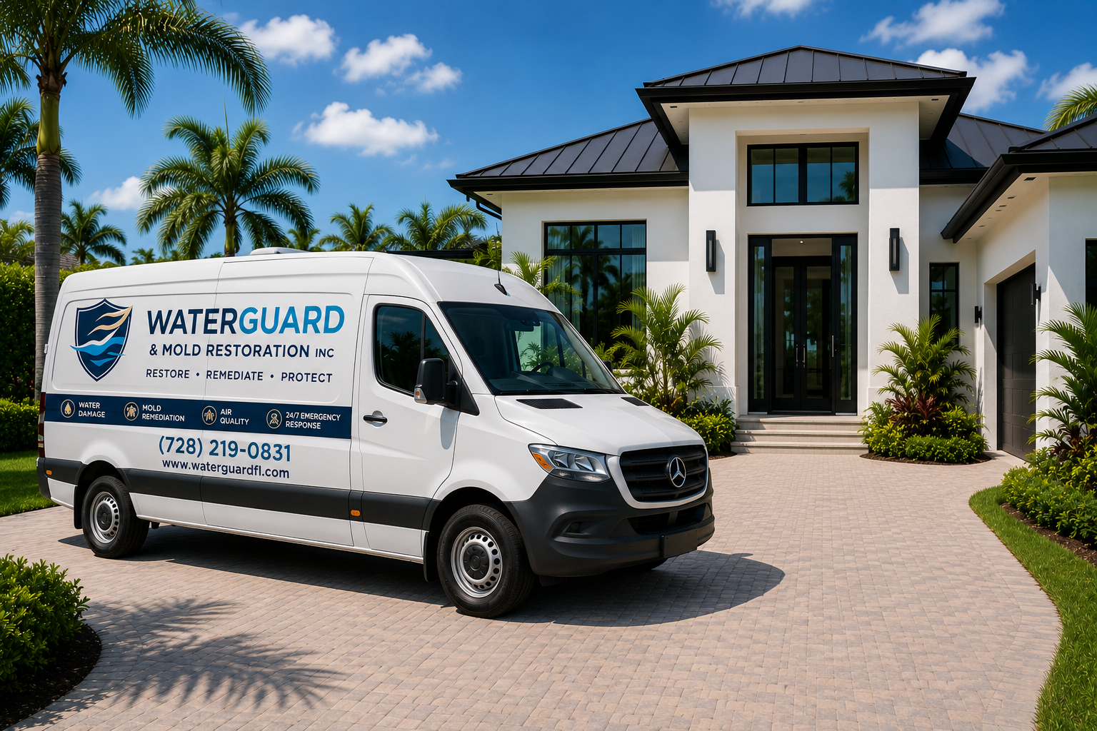 WaterGuard exterior hero image showing the property setting for a premium mold remediation service call