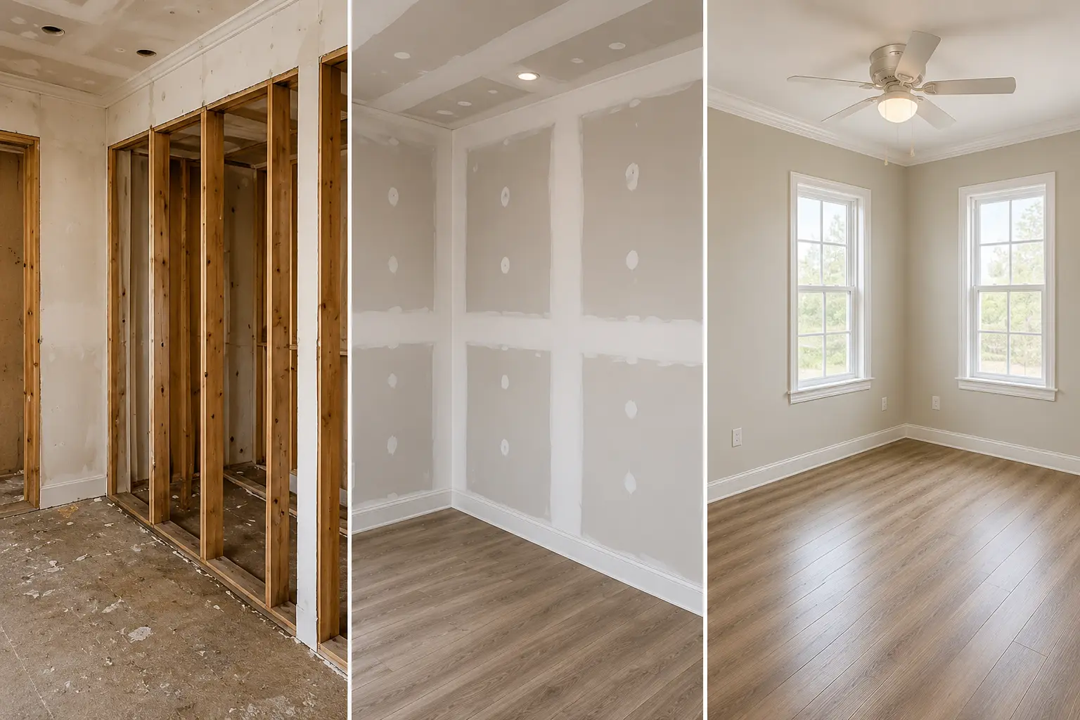Flood damage reconstruction from exposed framing to completed interior