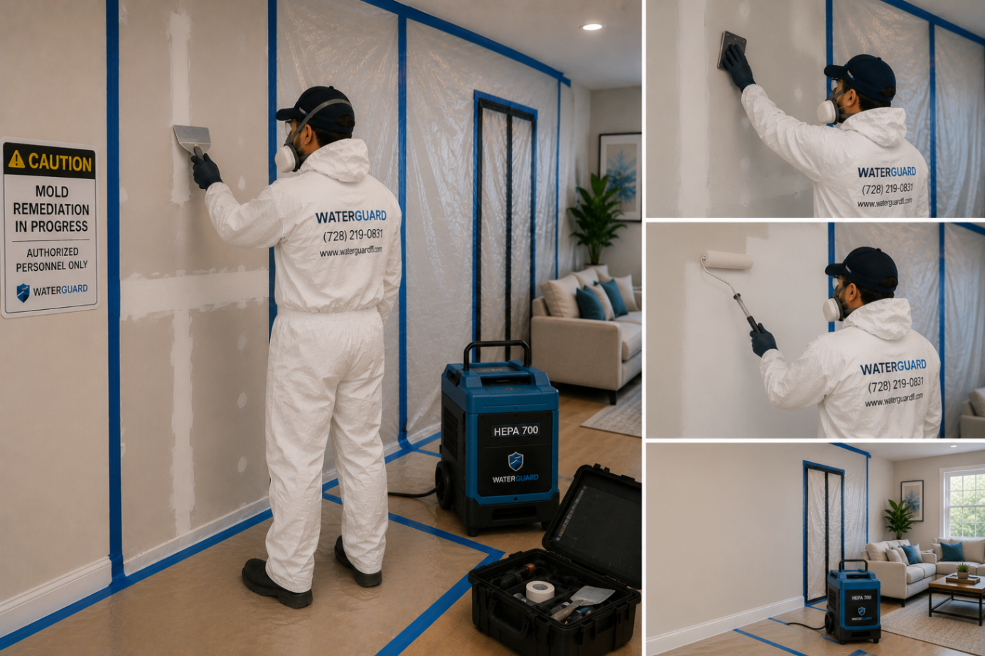 Reconstruction collage showing drywall, trim, and finish work being reinstalled after mold remediation