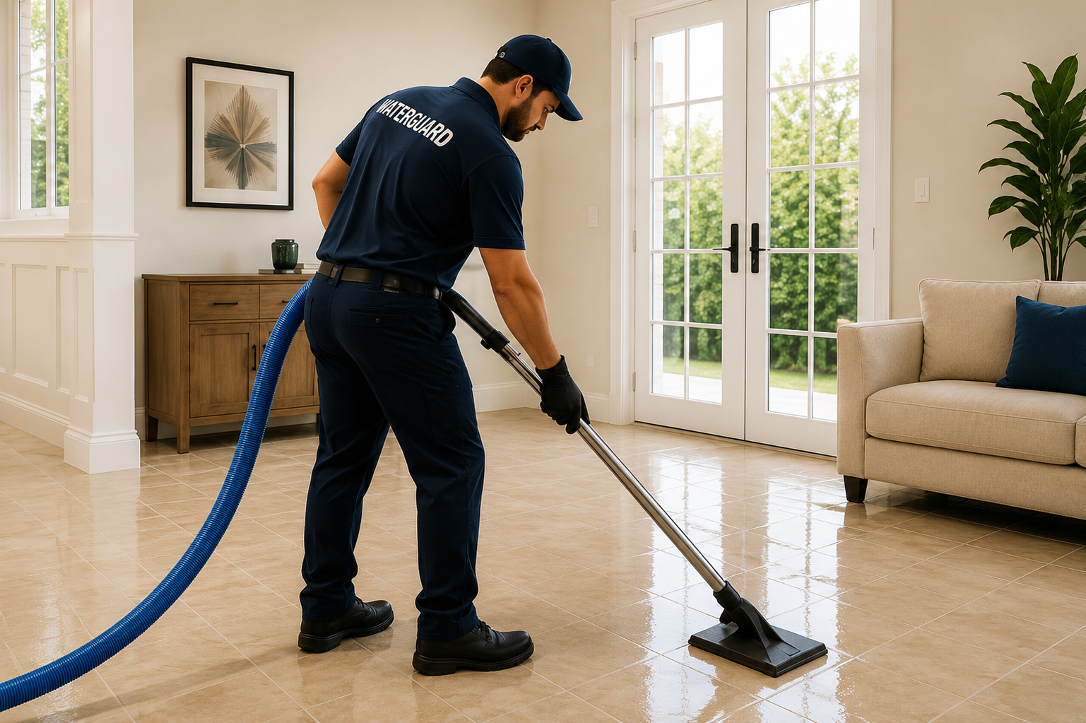 WaterGuard technician extracting standing water from a tile floor with a commercial extraction wand