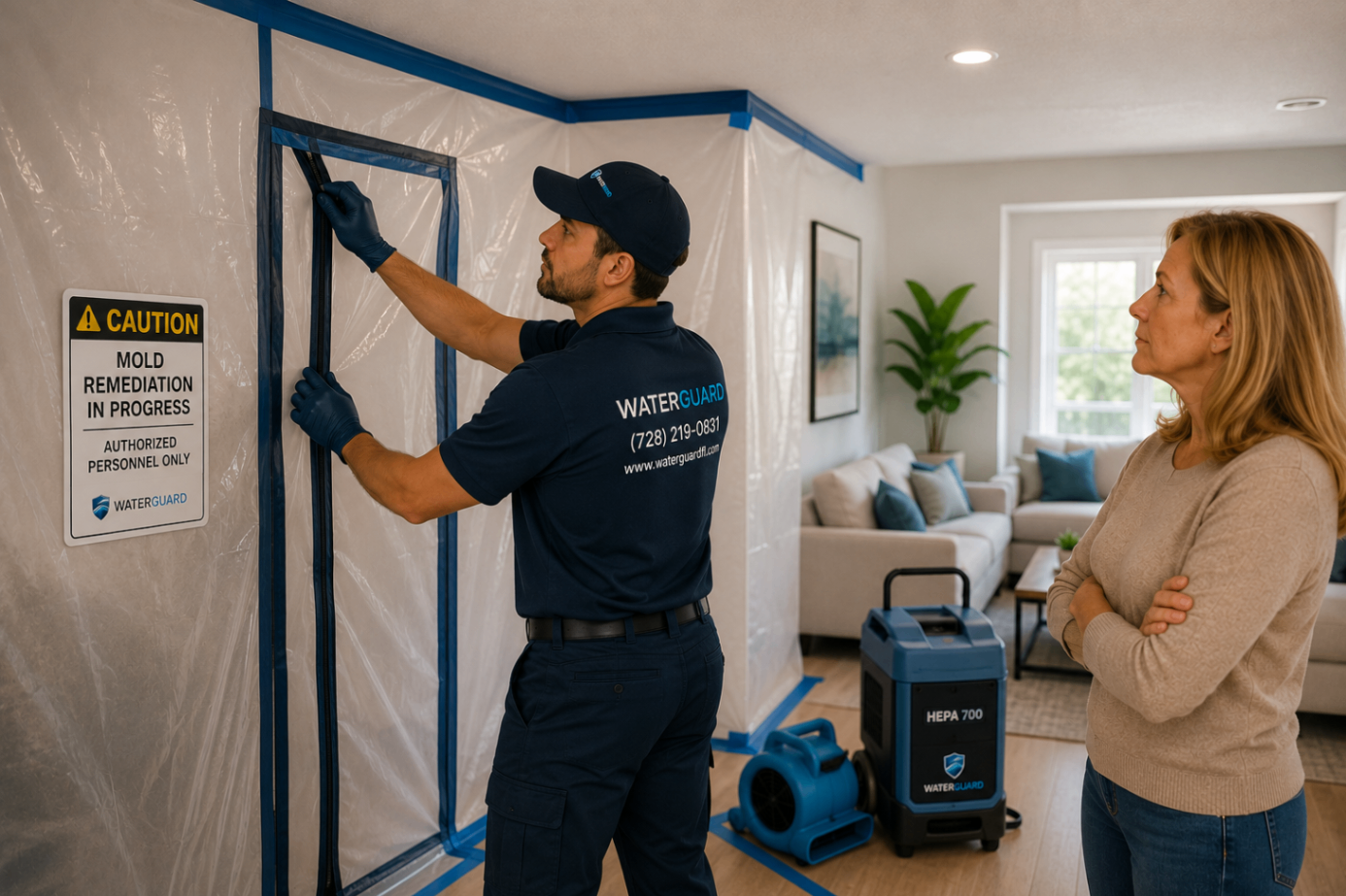 Controlled removal of mold-affected drywall and building materials inside containment
