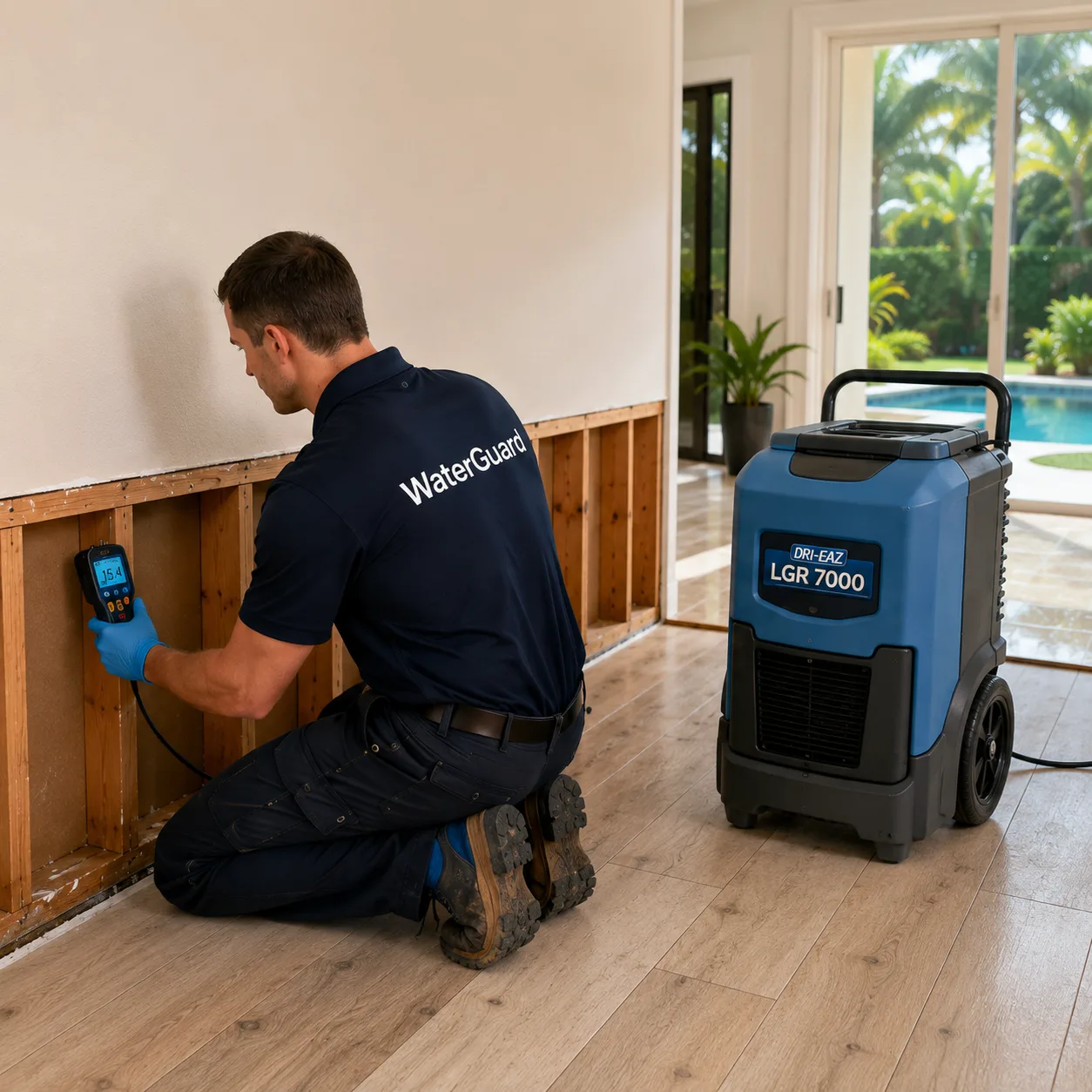 WaterGuard technician in navy uniform checking wall moisture beside an LGR dehumidifier during structural drying