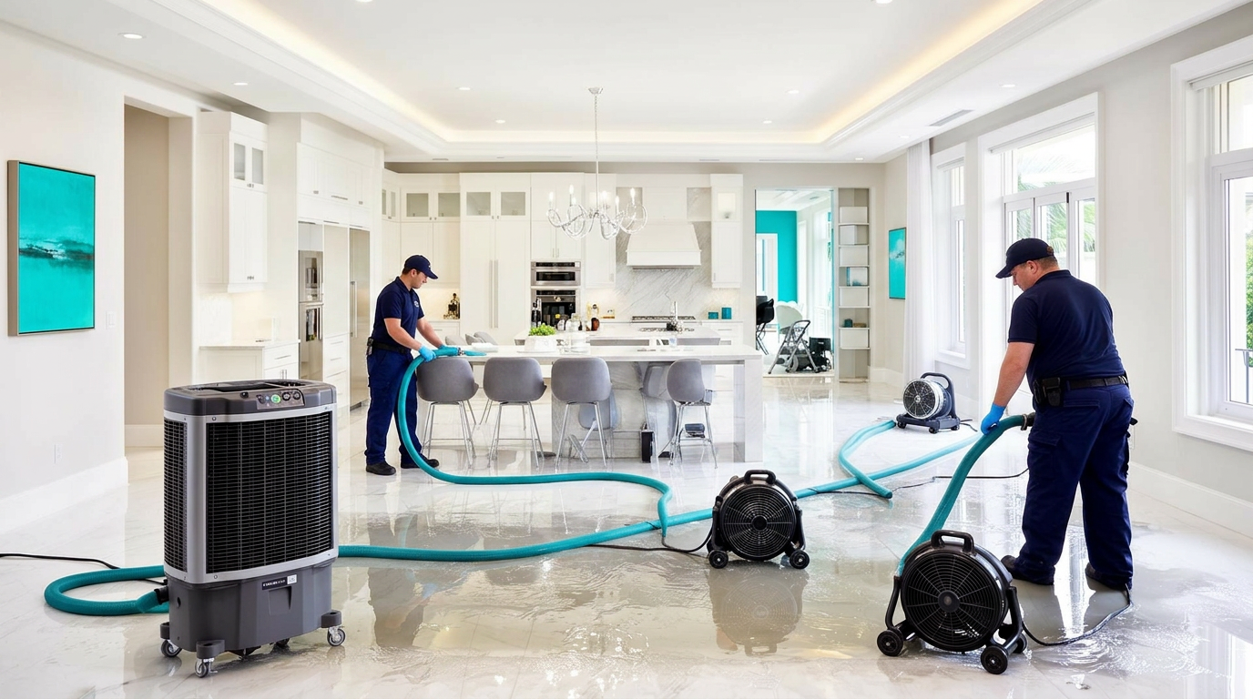 Water damage restoration team performing emergency water extraction in Boca Raton home