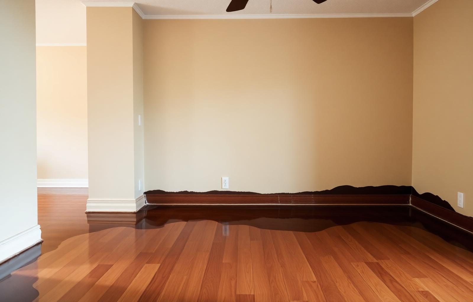 Living room showing water damage on hardwood floor and baseboards before professional restoration
